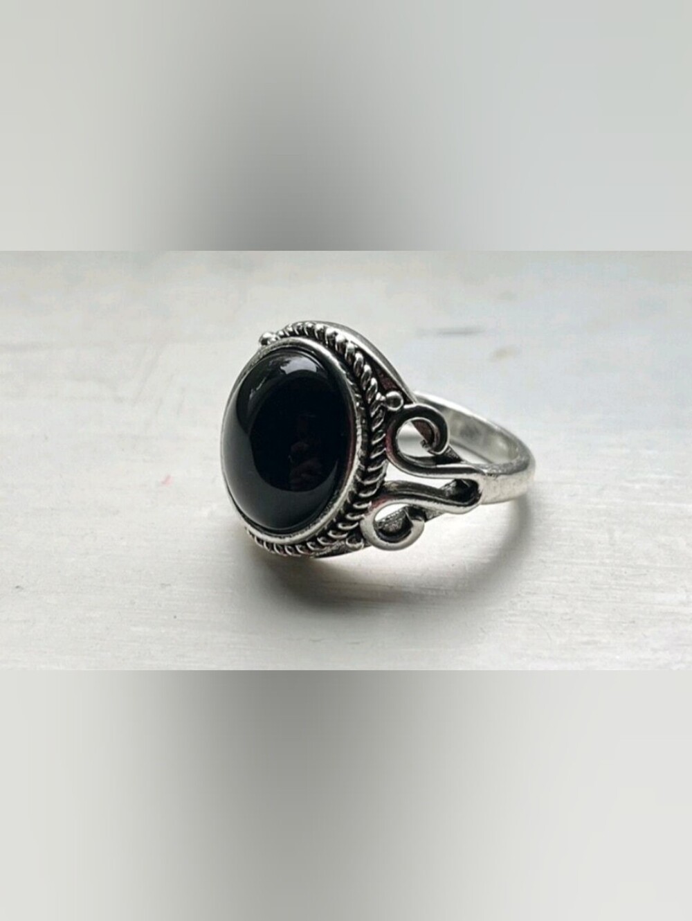 Black Agate Sterling Silver Filigree Statement Ring Size 6